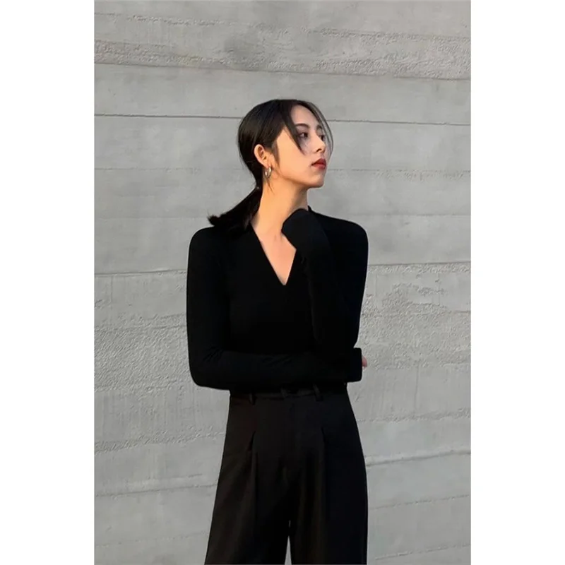 

Bla Long Sve Knitted V-Ne Base irt Women's Inner Wear Slim Fit Spring Autumn 2024 New Sle Versatile Chiffon Material