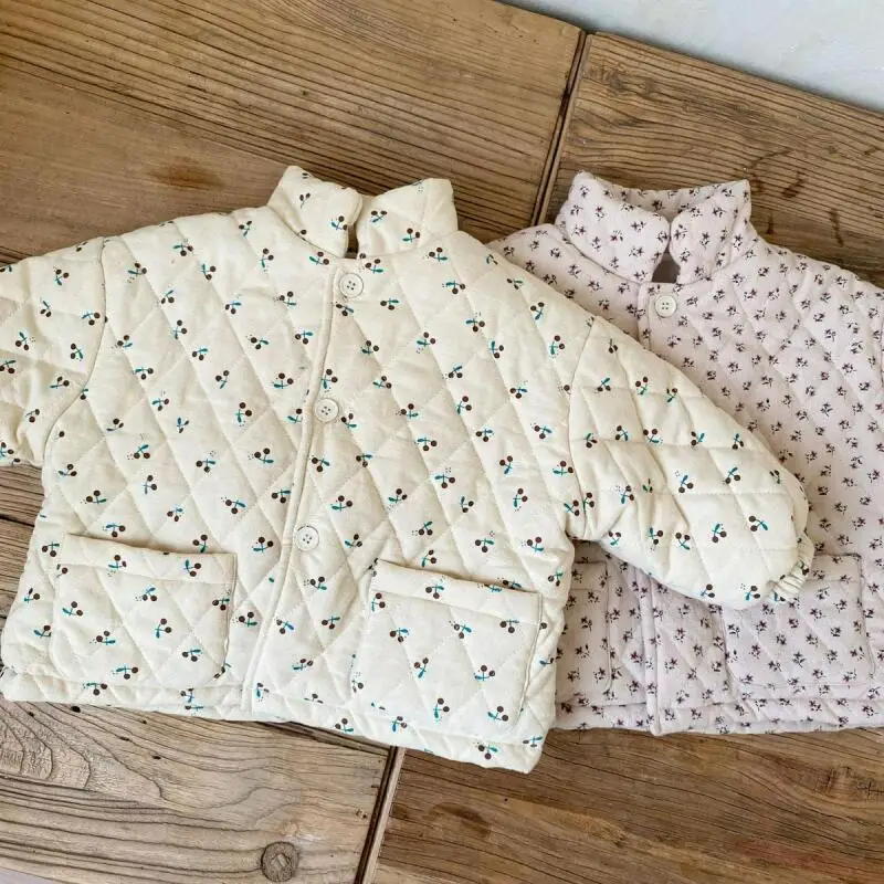 Children's Quilted Jacket Girls Autumn Winter Coat Parka Flower Printed Kids Casual Warm Cotton Outerwear Coats Thickened Cute