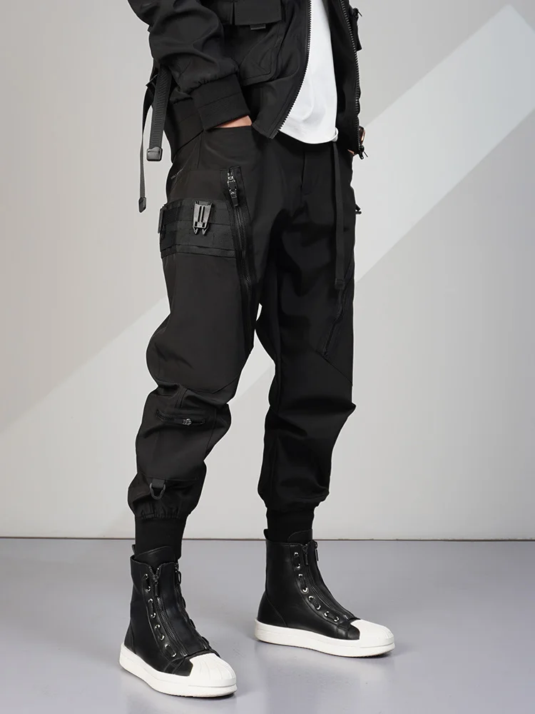 

Men's Male Fashion Black Original Design Functional Overalls Casual Dark Tactical Slim Feet Harem Pants Multi-pocket Trousers