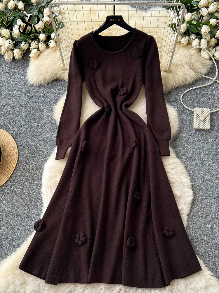 Robe longue tricotée à fleurs 3D pour femme, col rond, manches longues, taille élastique, ligne A, basique d'hiver, couleur unie, chaude, robe de soirée, 2025