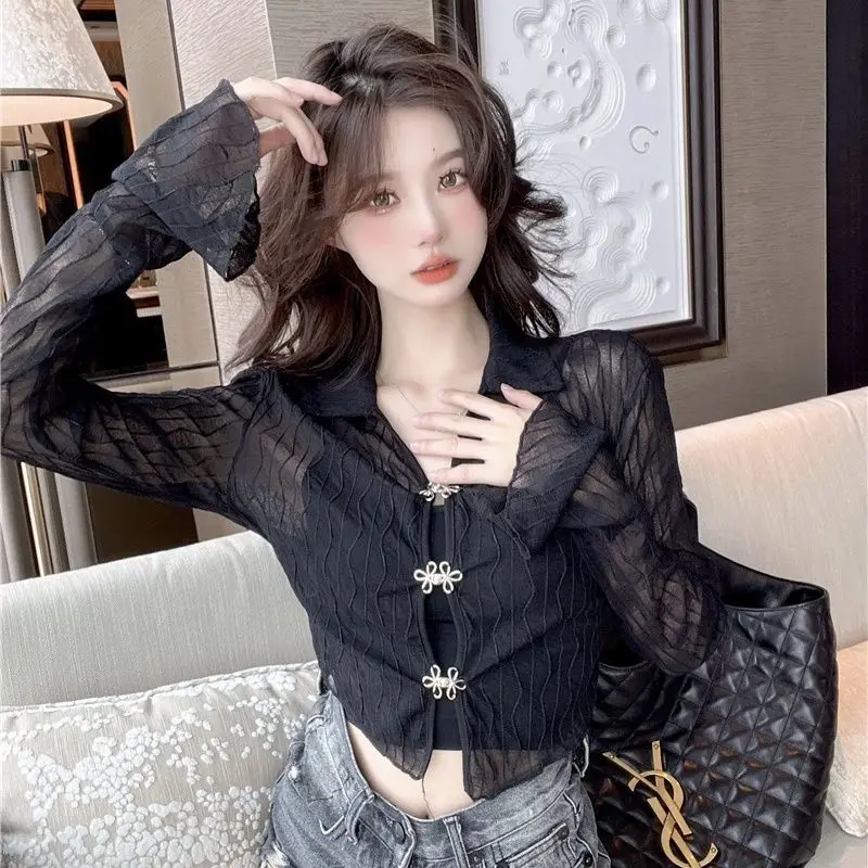 

Spicy Girl Hollow out Long Sve irt Women's ort Sle Summer New High Sensation Sunscreen Outerwear Top Korean Version