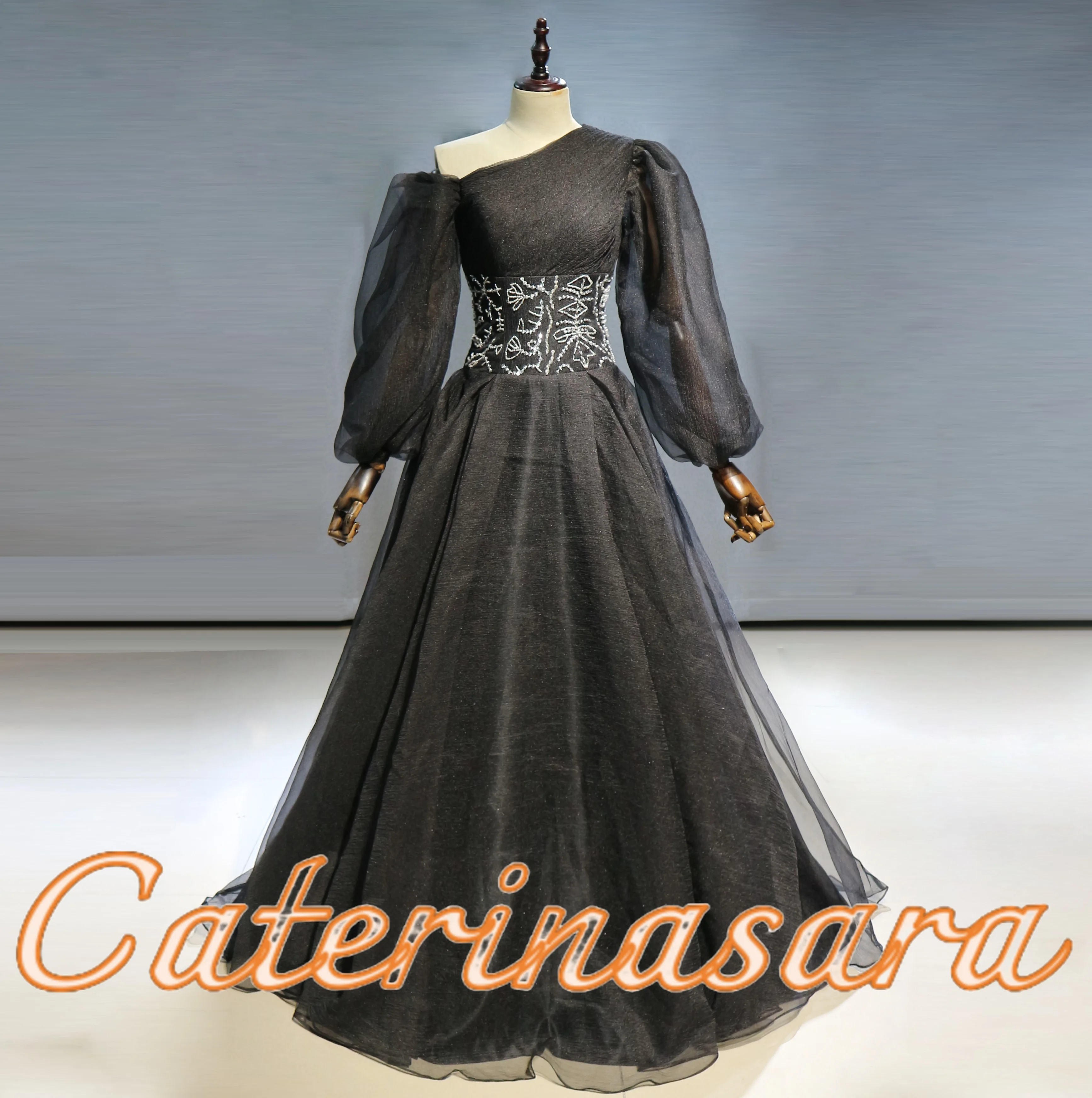 Robe de soirée en organza avec ceinture en cristal pour femme, manches longues bouffantes, robe de Rh, robe de soirée formelle, robe arabe de Dubaï moderne, noir