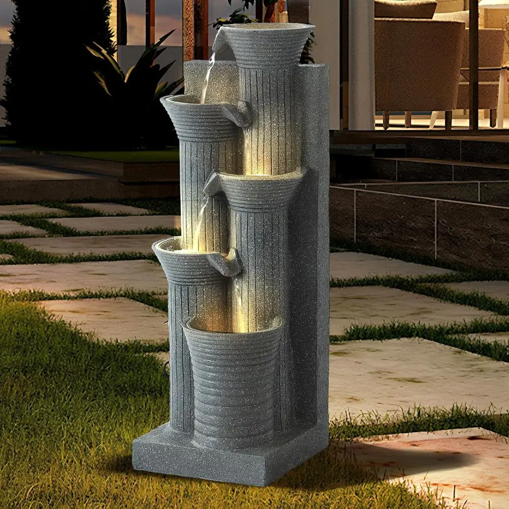 

5-Tier Cascading Bamboo Water Fountain with LED Lights, Outdoor/Indoor Resin Garden Waterfall for Patio, Porch (Light Gray)