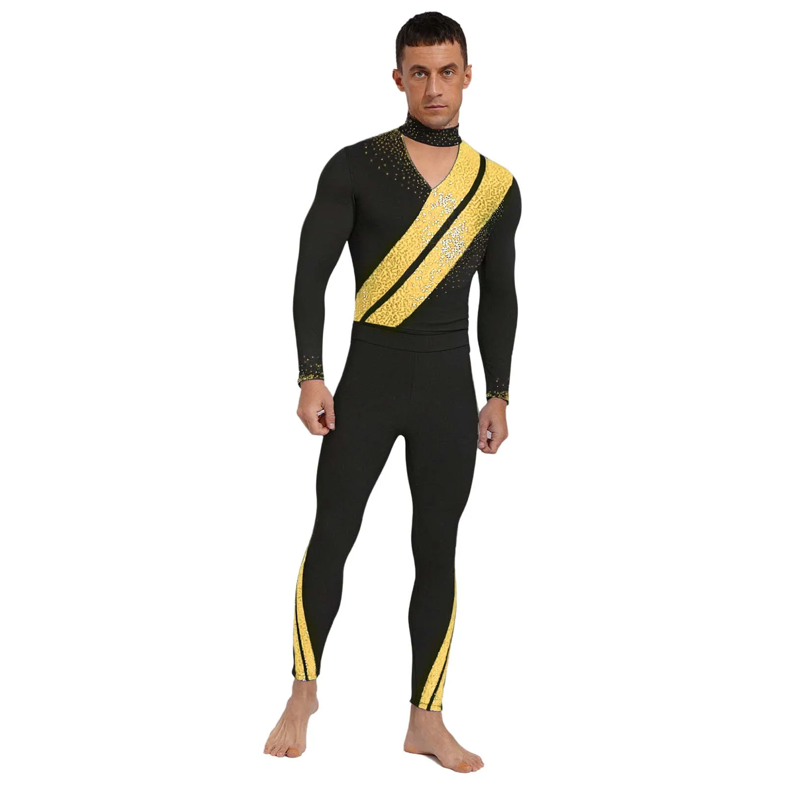 

Mens Figure Skating Contrast Color Outfits Hollow V Neck Openable Crotch Bodysuit and Stirrup Pants for Ballet Latin Dance