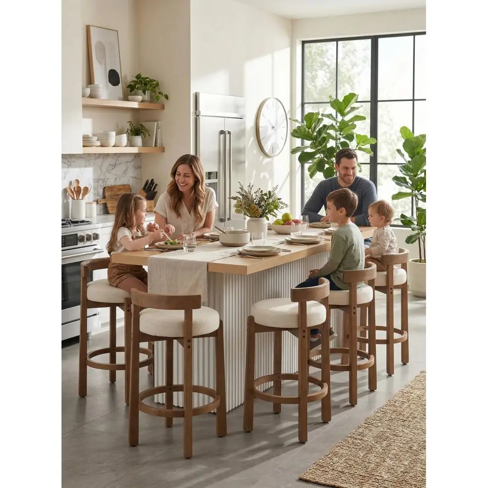

Modern Linen Counter Stools Set of 5, holstered 26.5 Counter Height Barstools with Natural Wood Legs Mid Century Round Island