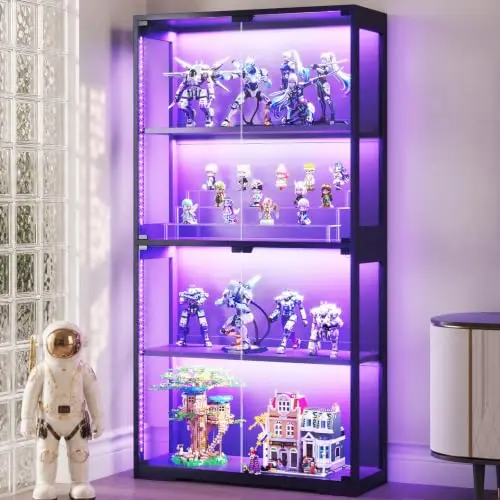 Display Case with Glass Doors & RGB LED Light, Glass Display Cabinet | 4-Tier Display Shelf Storage Cabinet for