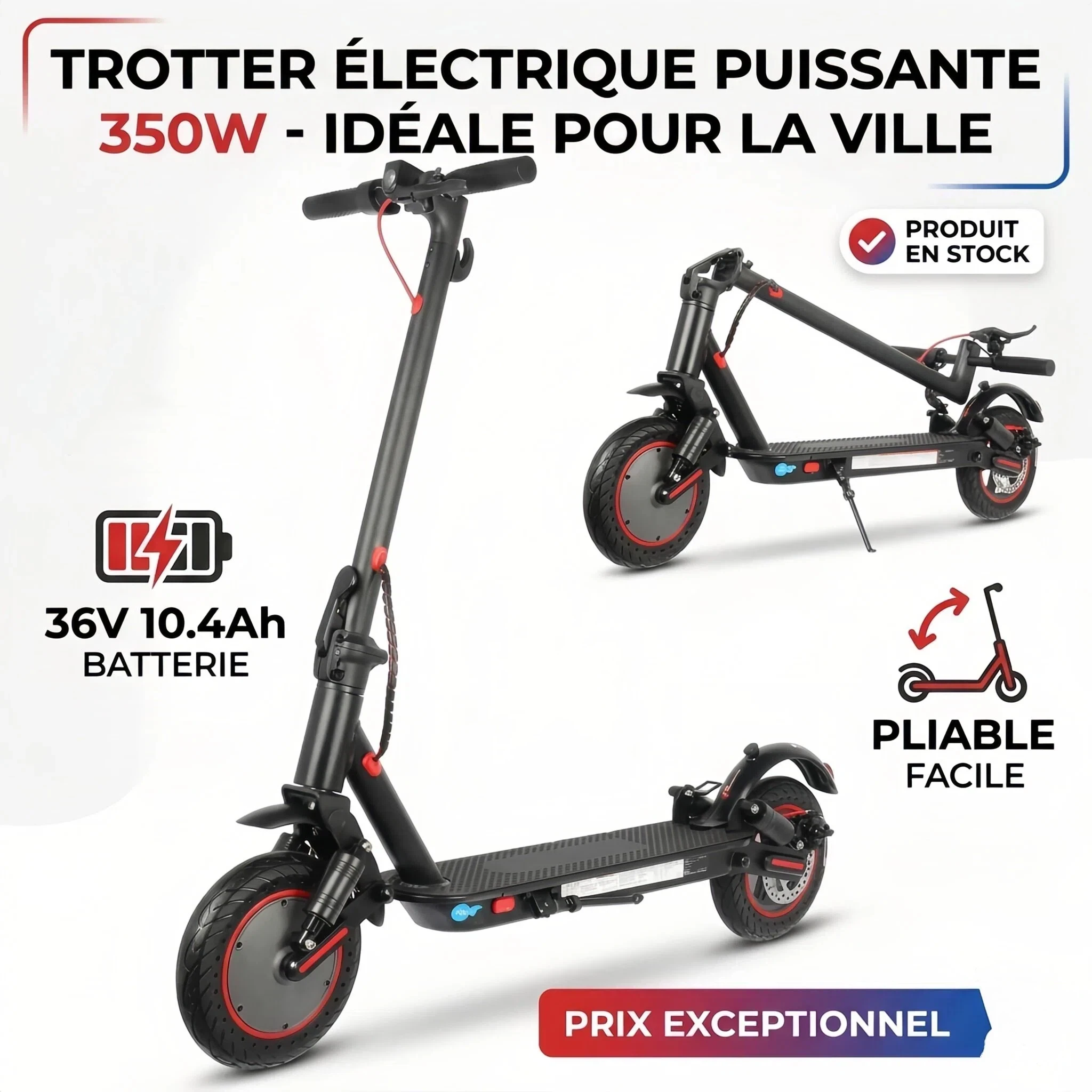 Scooter eléctrico para adultos 350W-36V con batería de litio de 10.4Ah - Gran autonomía de 40 km - Neumático de 10 pulgadas antipinchazos - Plegable - Scooter eléctrico urbano