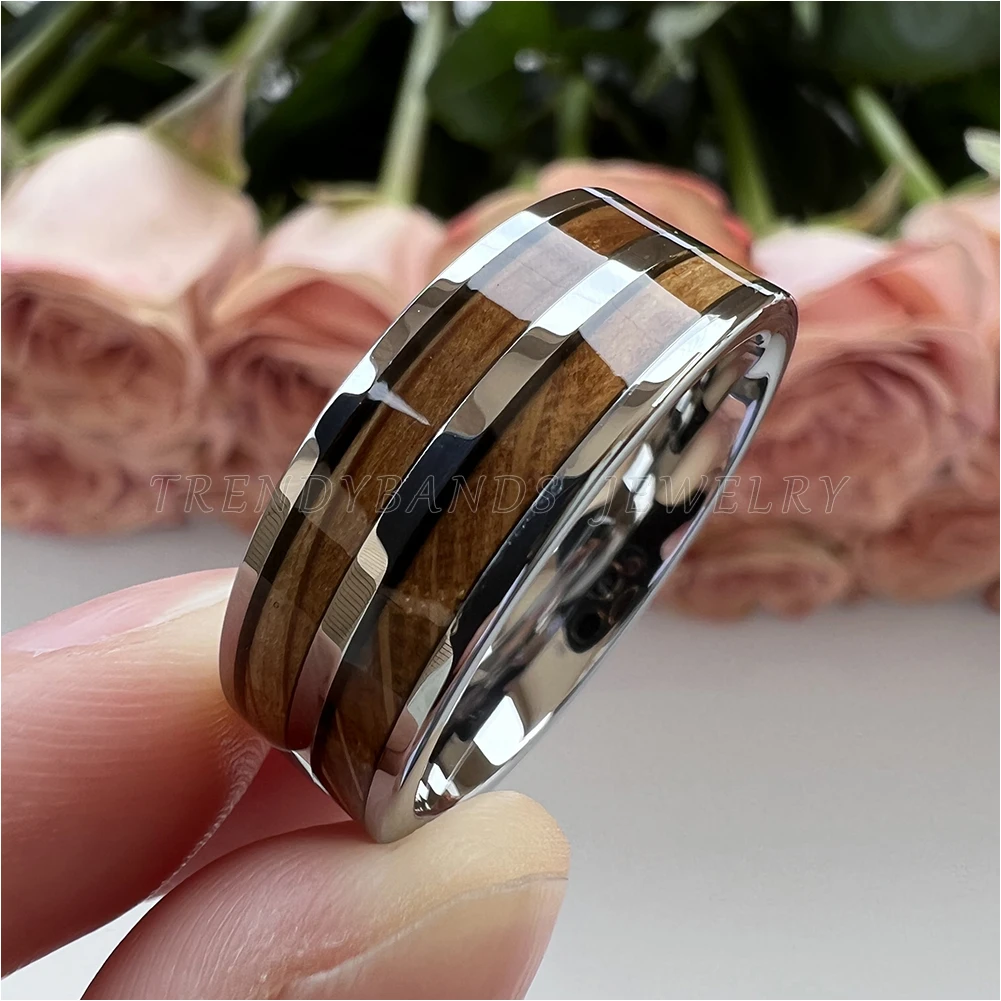 8 mm Herren- und Damenring, Wolfram-Ehering, Paar-Modeschmuck, Whiskyfass, Holzeinlage, poliert, glänzend, bequeme Passform – Detail 13