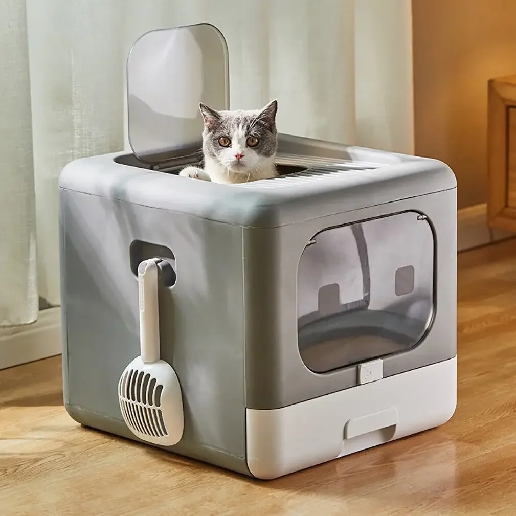 

Customizable Bac à Litière pour Chat avec Cuillère et Tamisage, Fermé, Pliable, Poignées de Toilette pour Chaton