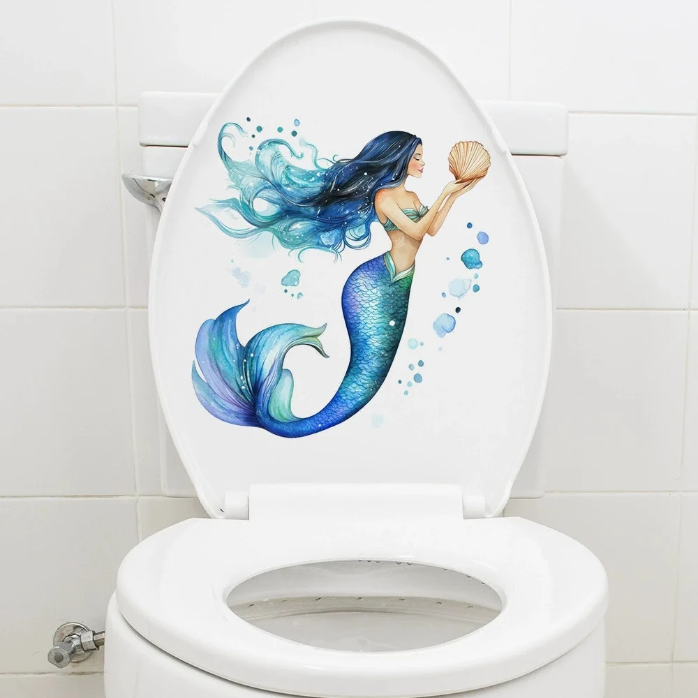 1 piece of decorative toilet seat sticker with cartoon mermaid pattern self-adhesive PVC bathroom decoration toilet seat sticker