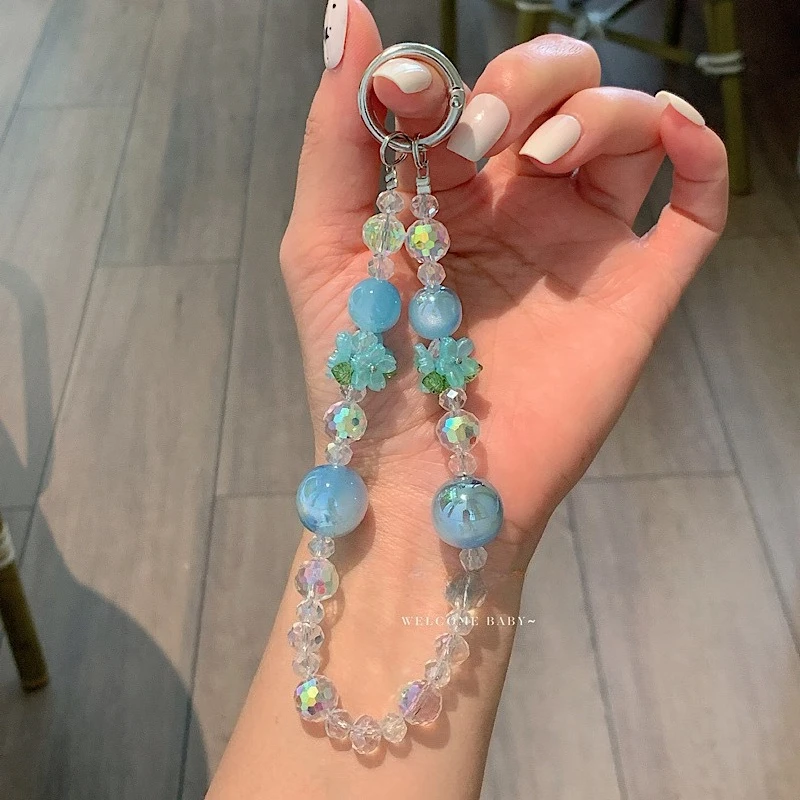 

Fashion Light Luxury Crystal Flower Phone Chain Pearl Beaded Anti-loss Keychain Wrist Bag High-end Pendant Charm Phone Lanyard