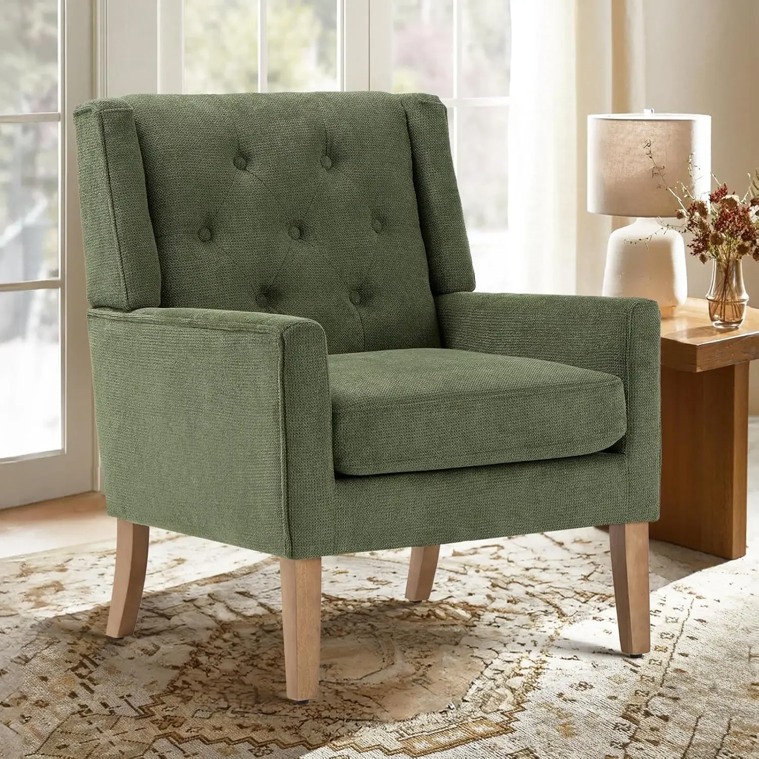 

COLAMY Mid-Century Accent Chairs, Modern Wingback Living Room Chair, Upholstered Armchair with Button Tufted Back and Wood L