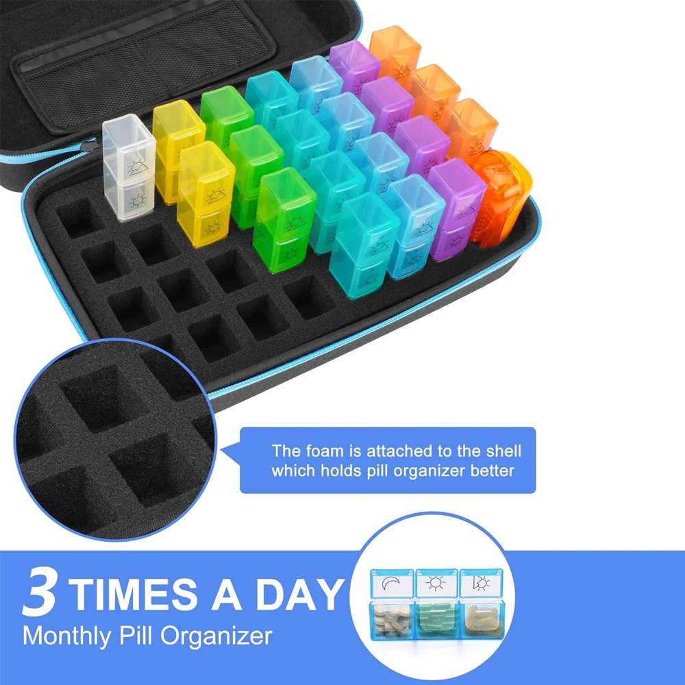 Monthly Pill Organizer 3 Times A Day, Medicine Organizer Box with Portable Hard Shell, Pills Box with Monthly and Weekly Sticker