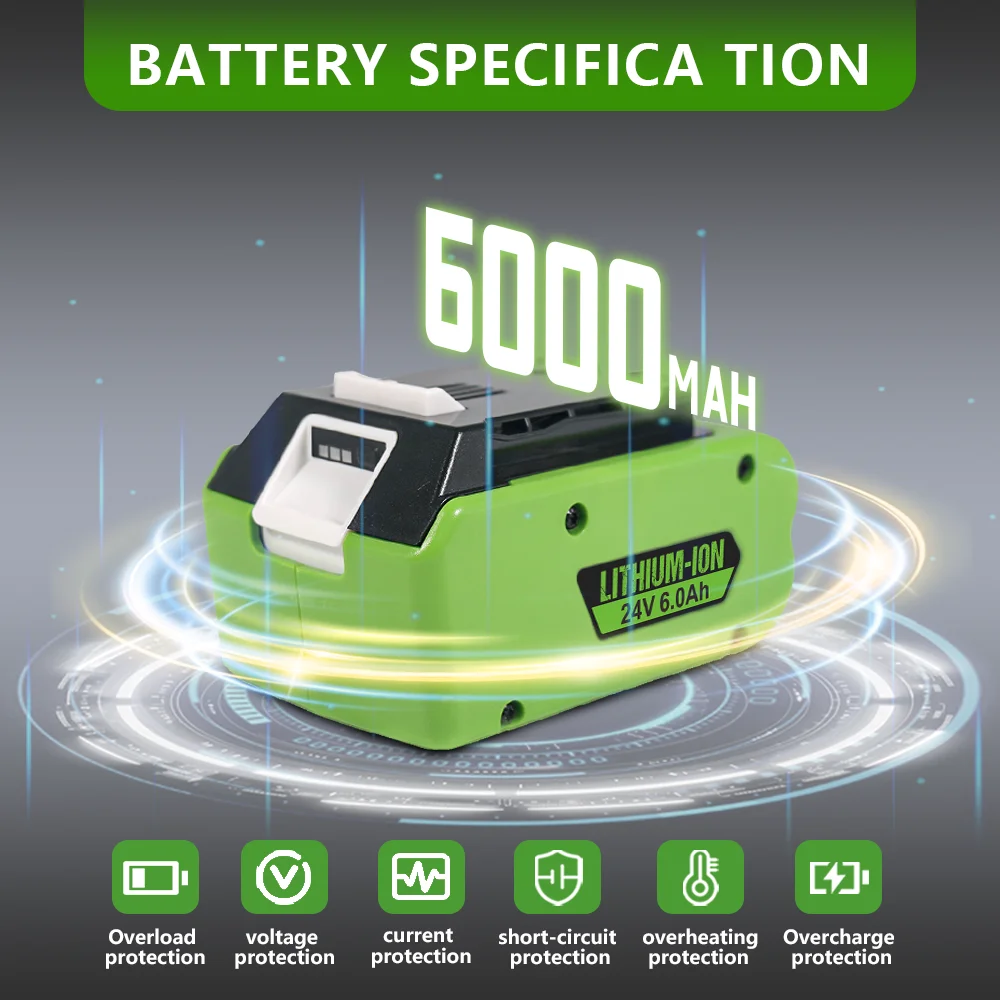 PARA Greenworks 24V 6Ah Batería de iones de litio para herramientas eléctricas - Equipo de construcción y jardinería