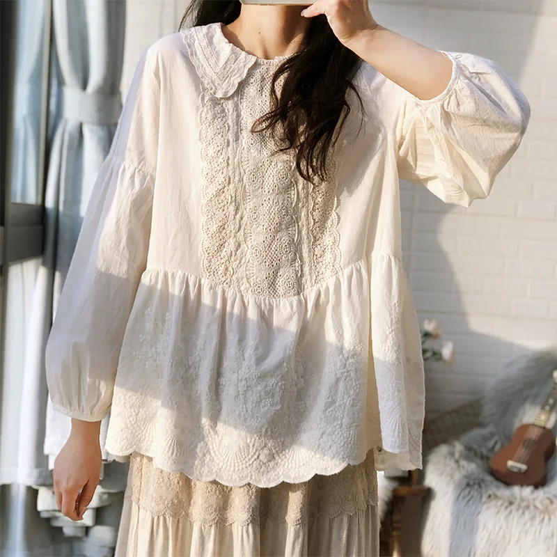 Enianechu mori girl vintage cotton sweet embroidery eyelet lace patchwork shirts long sleeve blouses Edwardian Victorian tops