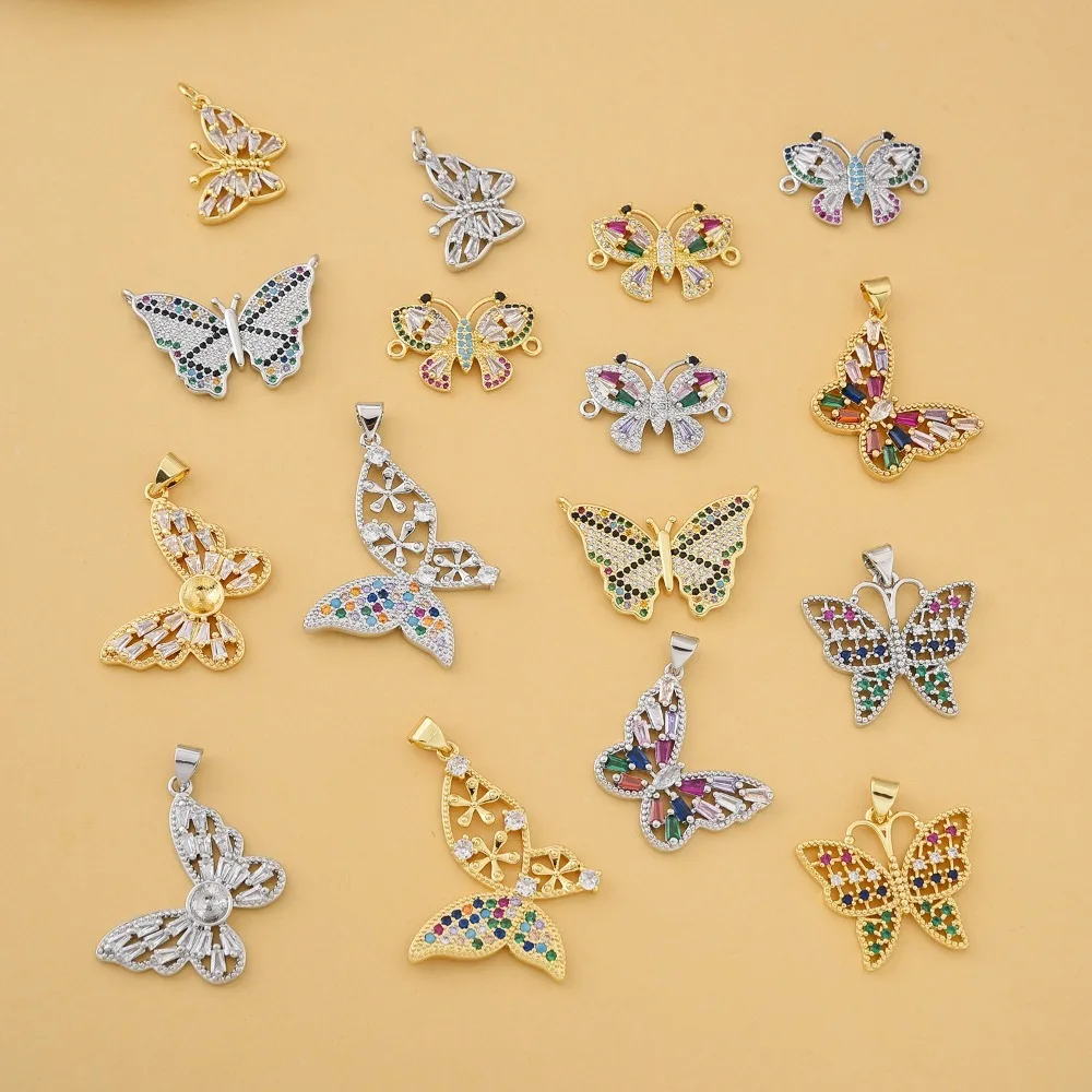 2 Pcs Pave Inlay Color Zircon Butterfly Pendant DIY Bracelet Necklace Making Accessories Copper Plated Hollow Jewelry Connector