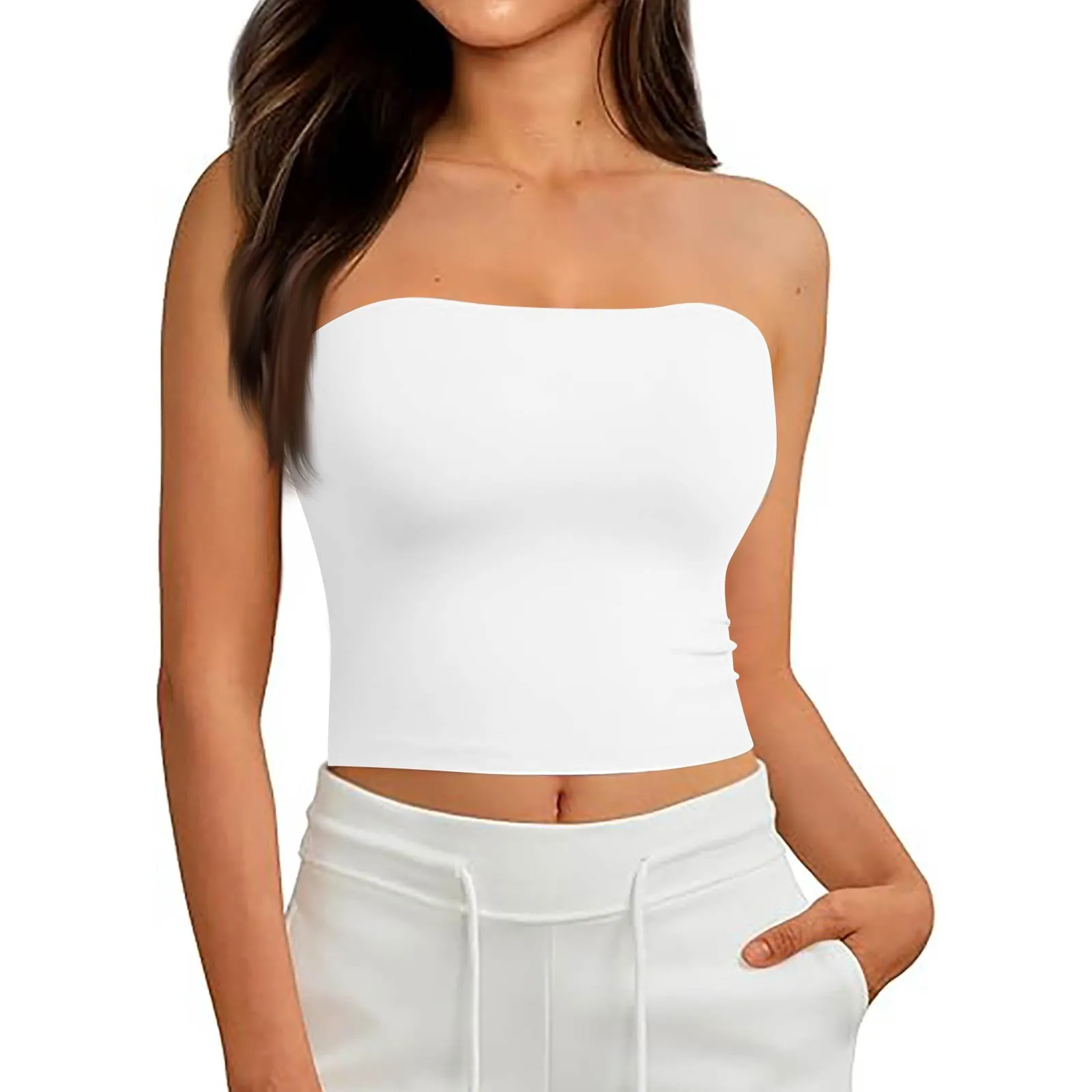 

Модные женские топы без бретелек, летние короткие сексуальные майки на бретельках, однотонные бандо с открытой спиной и рукавами, модные укороченные топы