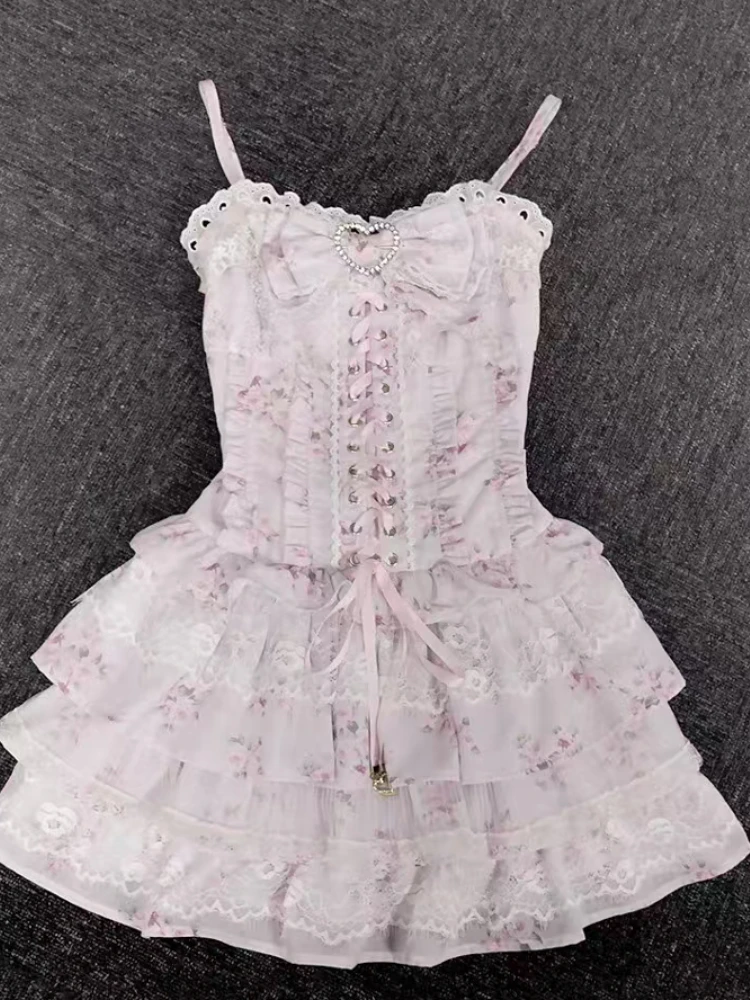 Japanese Sweet Kawaii 2 Piece Set Women Long Sleeve Knit Cardigan + Pink Lace Floral Tiered Dress Casual Lolita Chic Outfits image 5