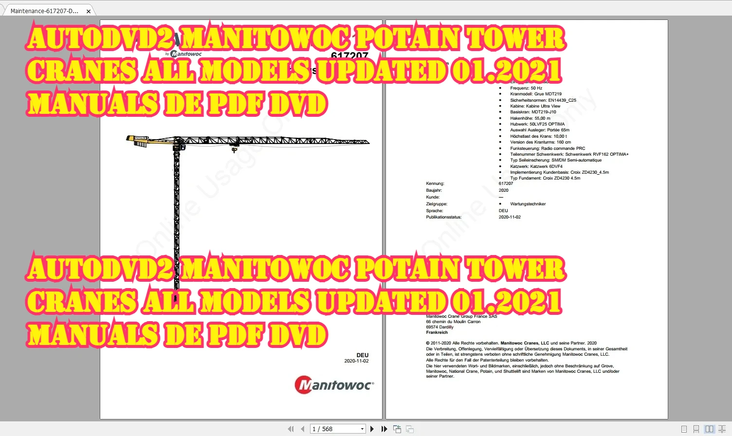 AutoDVD2 Manitowoc Potain Tower Cranes All Models Updated 01.2021 Manuals DE PDF DVD