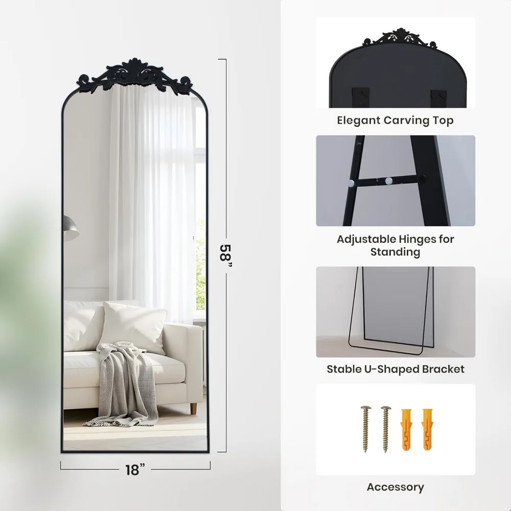 Vintage Ornate Carved Full-Length Freestanding Floor Mirror, 58x18 Inches, Wall Mountable, Full Body Vintage Style Mirror