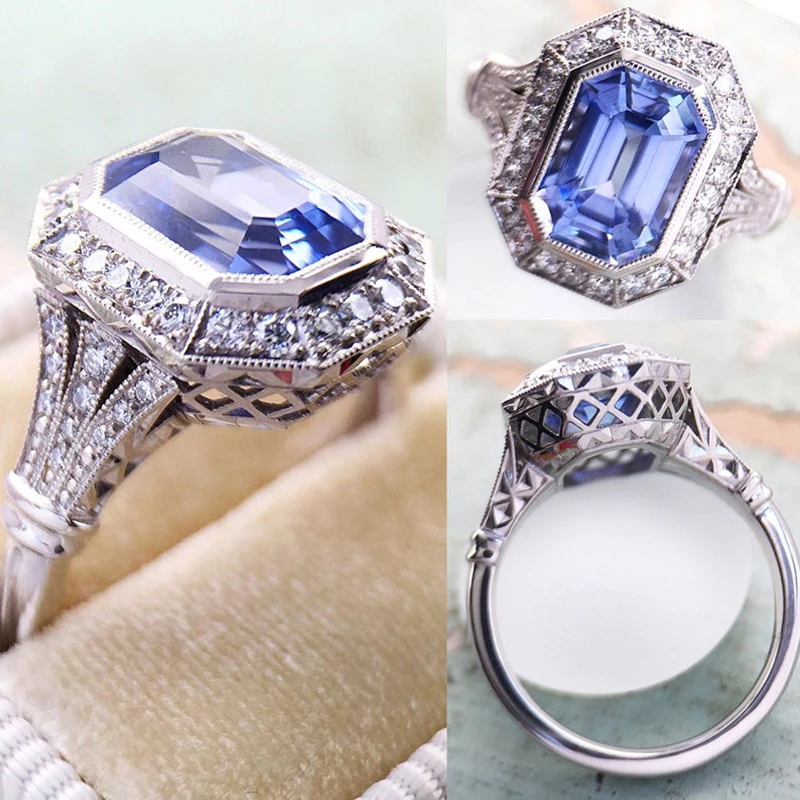 Huitan Temperament Elegant Blue CZ Rings for Lady Wedding Bands Luxury Rings Sparkling Anniversary Gift Statement Jewelry 2023