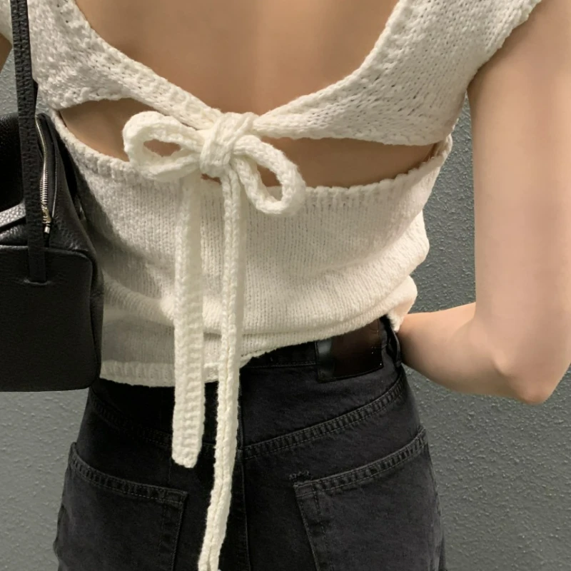 New Fashion Korean-style Sexy 2026 Summer Spice Girl Style Backless Strap Design Sense Elegant Knitted Sweater T-shirt for Women view 6