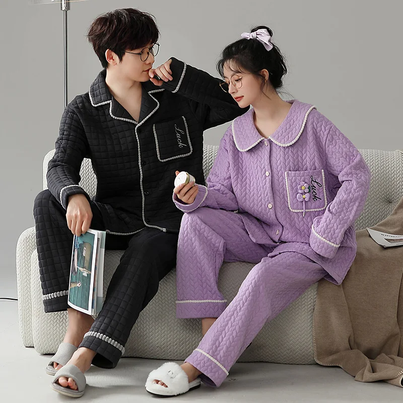 Winter Couple Pyjamas Suit Thick Warm Air Clip Cotton Pajamas Set Men Women Pijamas