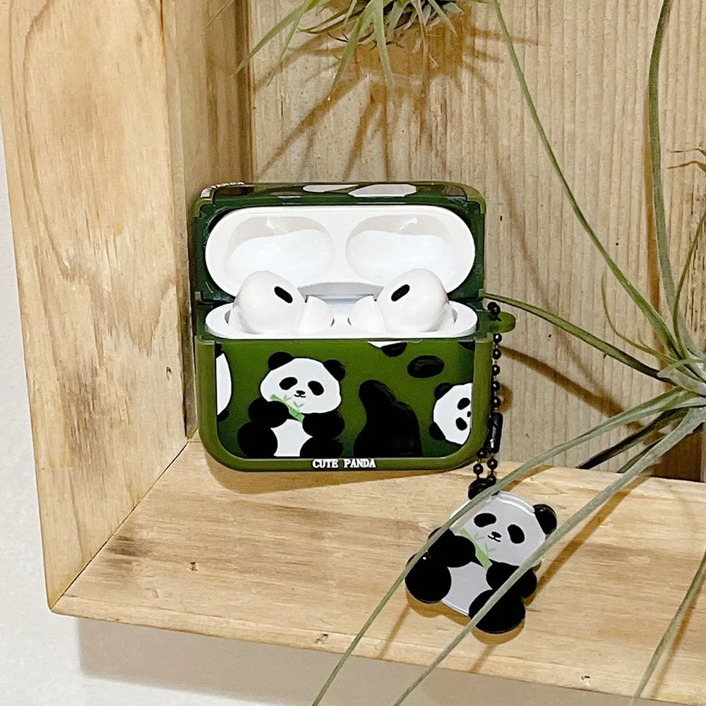 Cute Cartoon Happy Panda Headset Case For Apple AirPods 1 2 Pro Green Square Earphone Protective Fundas AirPod 3 with Pendant
