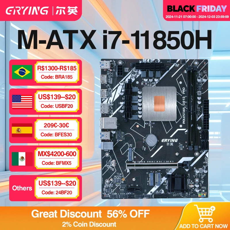 ERYING M-ATX DIY Gaming PC Motherboard with Onboard 11th Core Interpose Kit i7 11850H 2.5GHz 8C16T 24MB Computer Assembly Set