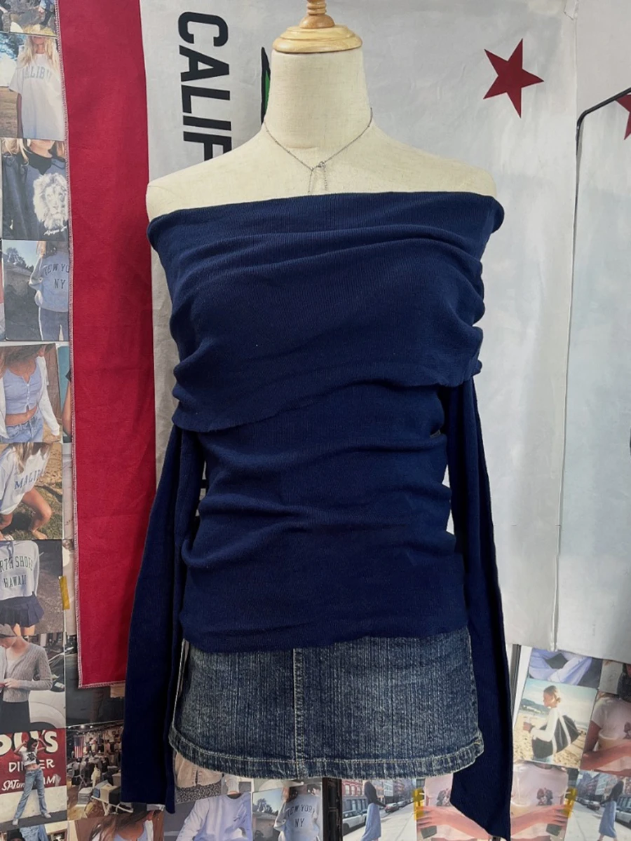 New Navy Knit Long Sleeve T-shirts Women Sexy Slash Neck Solid Simple Slim Cotton Tees Vintage Casual Preppy Style T Shirt Y2k