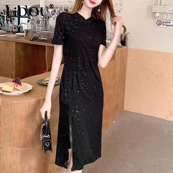 Summer New Chinese Style Vintage Lace Patchwork Bodycon Dress Ladies Elegant Fashion Black Slit Robe Women Slim Sequins Vestidos