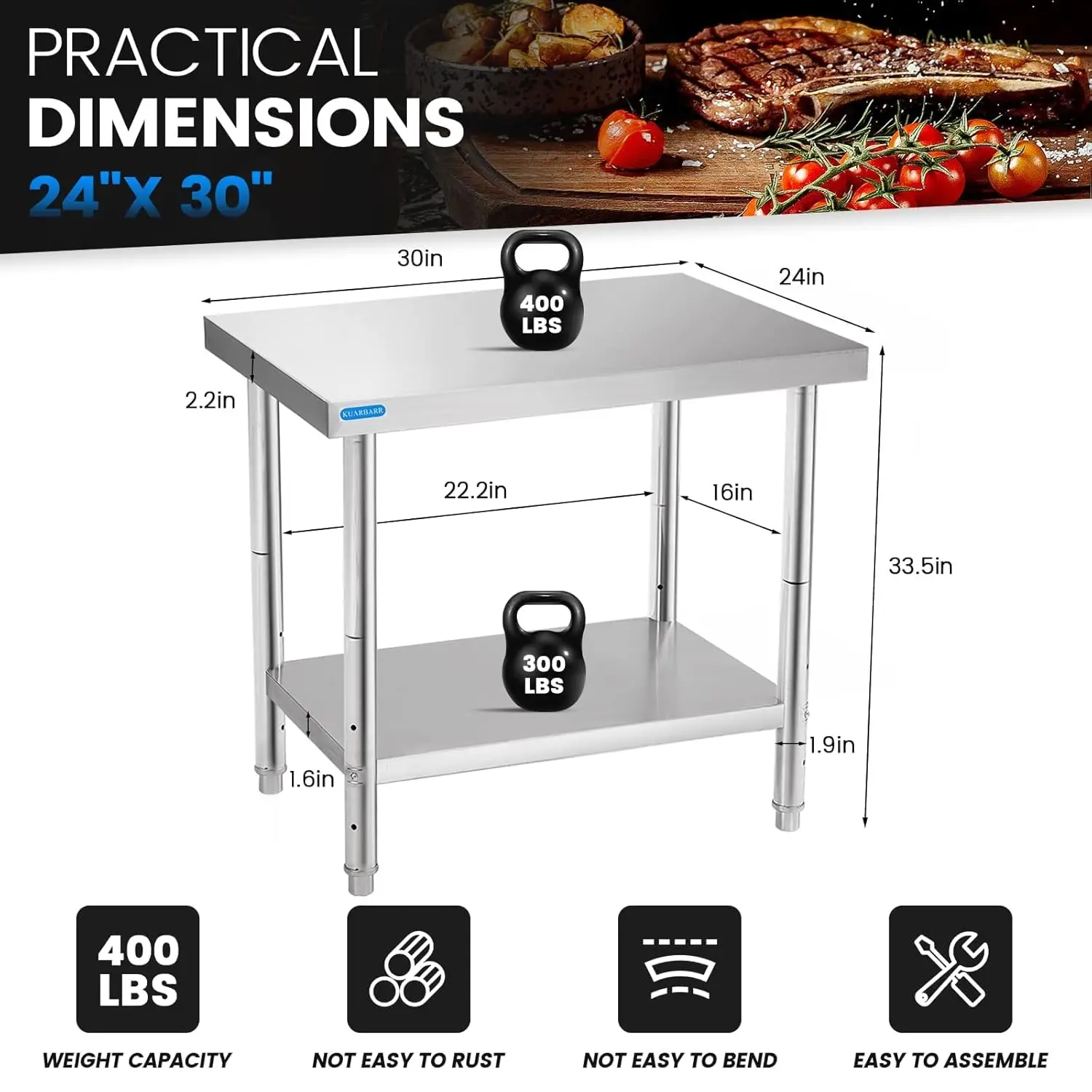 Mesa de aço para preparação e trabalho com underself 24 x 30 polegadas Mesa de preparação de cozinha comercial com e ajustável