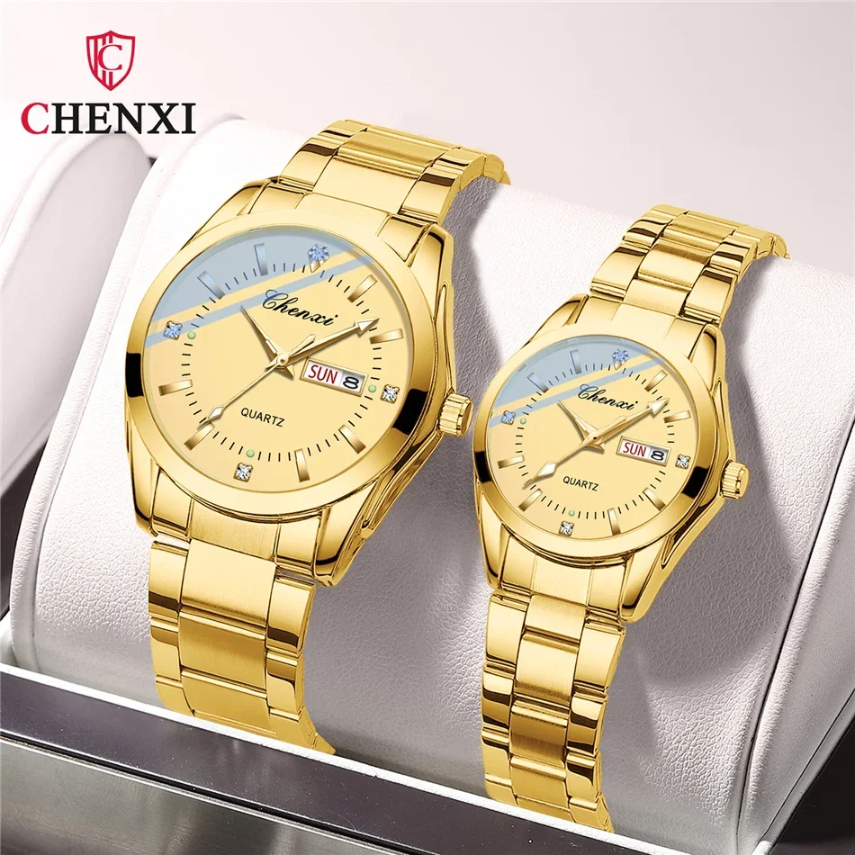 CHENXI 022G Couple Quartz Watch For Women Men Diamond Stainless Steel Date Lover Simple Leisure Fashion Gold Clock Wristwatch