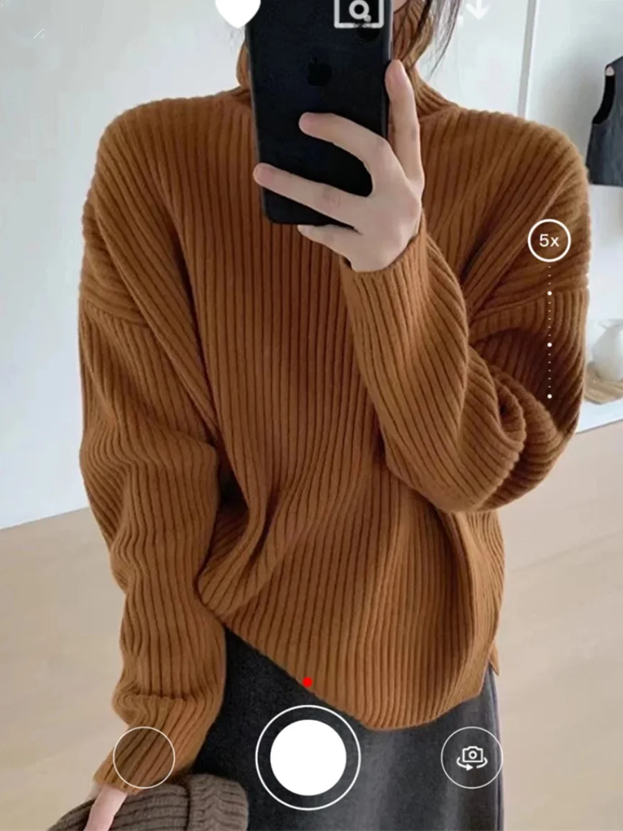 Zachte, gezellige gebreide trui Hoog Ne No Restraint Camere Simulatie Long Sve rond Ne Normale dunne pure kleur