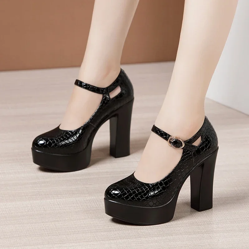 Small Size 32-43 Black Genuine Leather Shoes Shallow Platform Pumps Women 2024 Block High Heels Mary Jannes for Office Model Mom