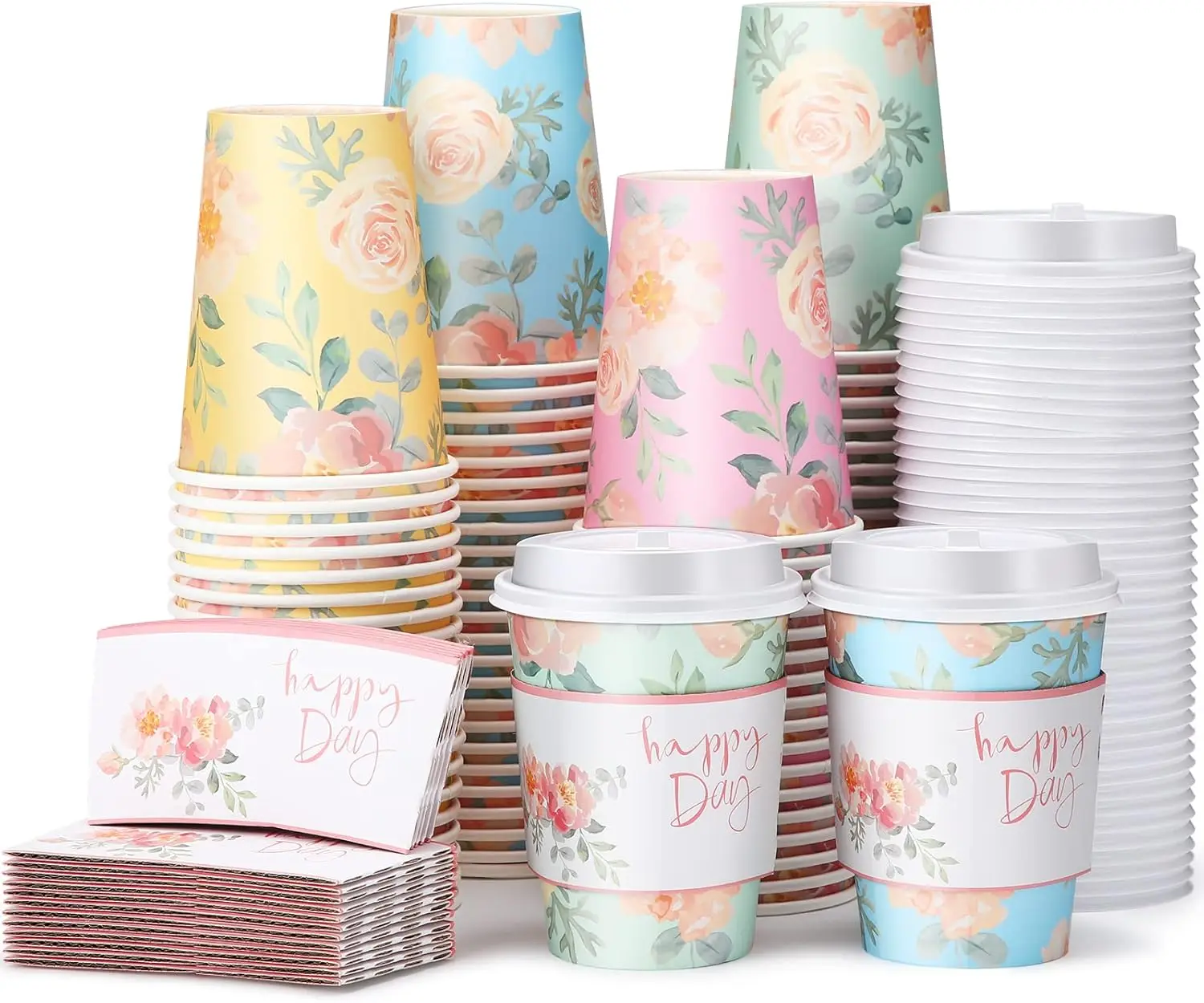 

100 Pcs 12oz Floral Disposable Coffee Cups with 100 Lids and 100 Sleeves Paper Insulated Drink Hot Coffee Paper Cups wit