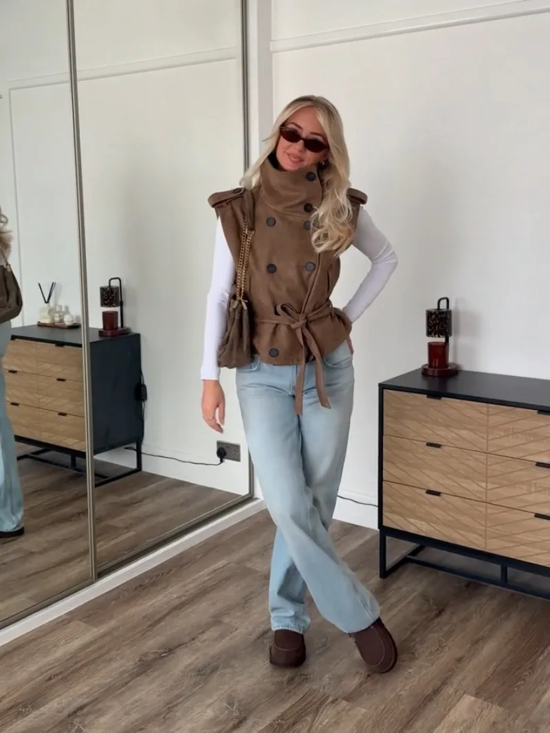 Damen-Weste aus Wildlederimitat, ärmellos, doppelreihig, mit selbstbindendem Gürtel, hohem Kragen, Taschen, Schulterklappen, Oberbekleidung, Top 2026 – Detail 20