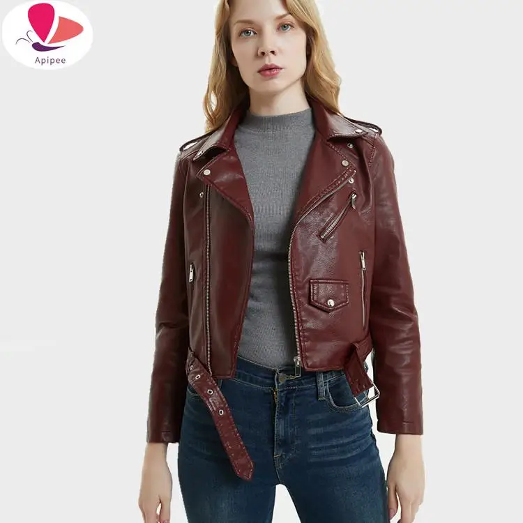 

2024 New Fashion Women Smooth Motorcycle Faux Leather Jackets Ladies Long Sleeve Autumn Winter Biker Streetwear Black Short Coat