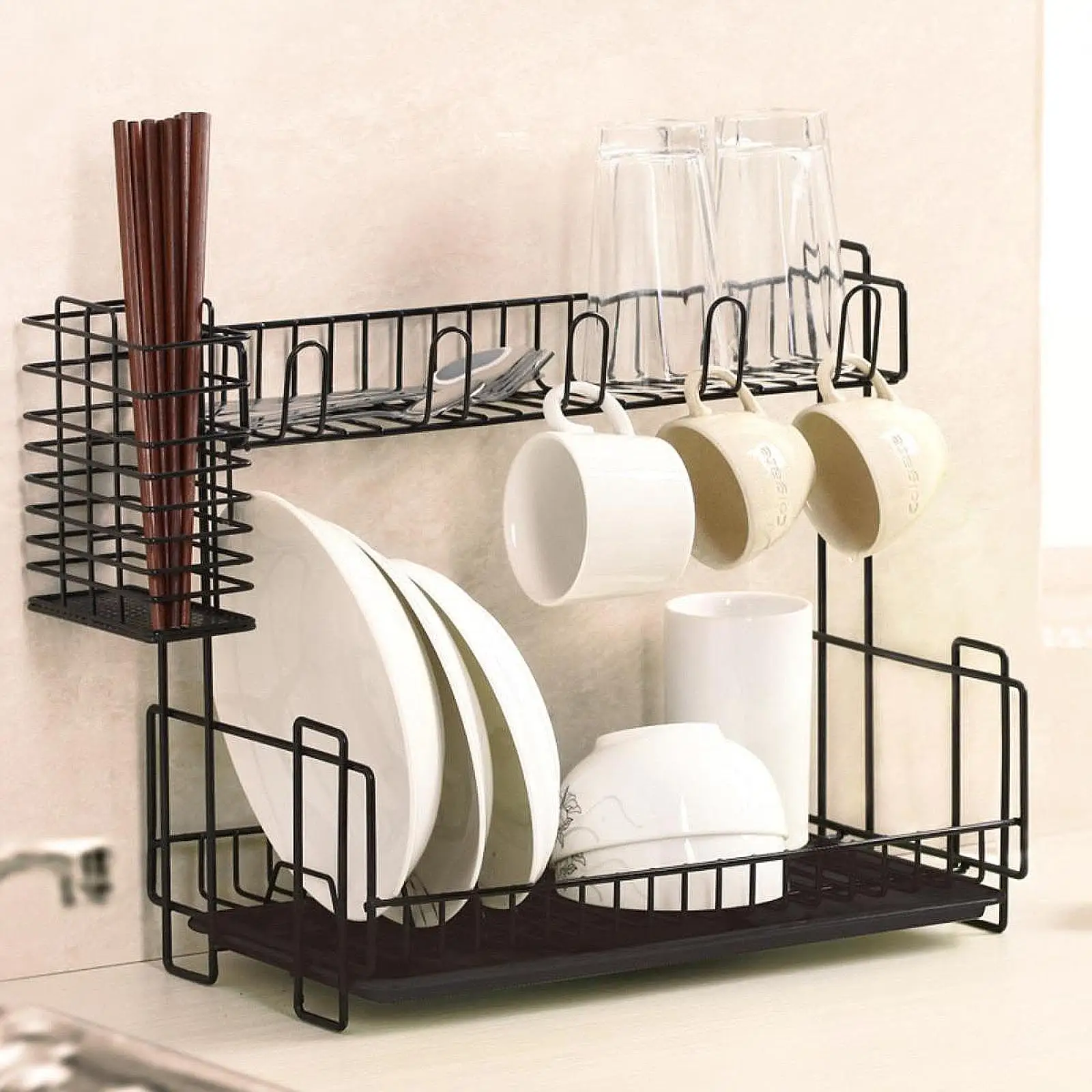 

Dish Drying Rack Dish Drainer,Utensil Holder with Drainboard Compact Sturdy Two Tier Kitchen Counter Dish Rack for Cabinet