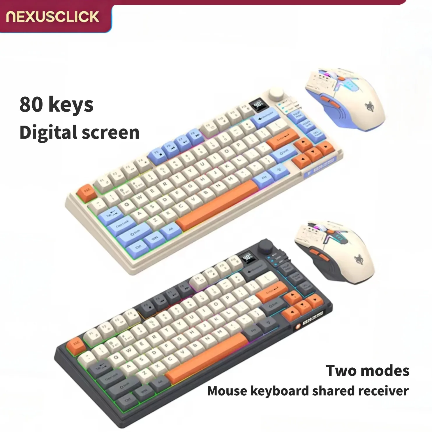 NexusClick Dual Mode Keyboard Mouse Combo with Screen,Mini 80 Keys RGB Backlit,Rechargeable,DPI Adjustable,Long Battery for Game
