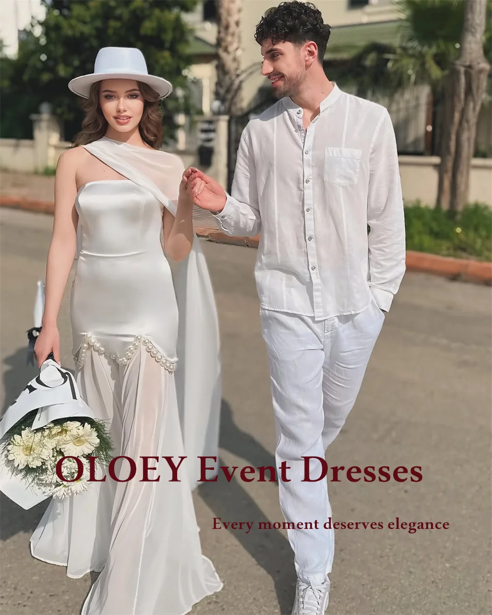 

OLOEY Elegant Pearls A Line Wedding Dresses Strapless Floor Length Bridal Gowns Satin Chiffon Zipper Back Free Customized