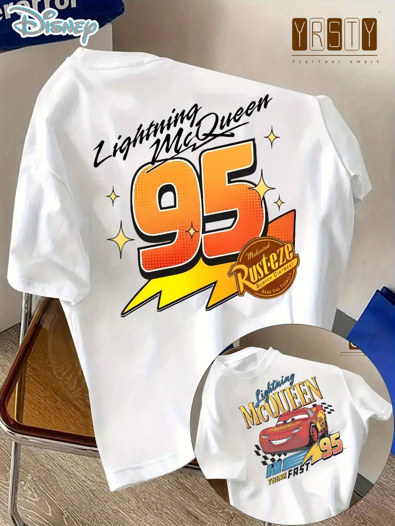

Disney Cars Lightning McQueen 95th Birthday T-Shirt - Red Racing Car & Lightning McQueen Design, Casual Crew Neck Short Sleeve