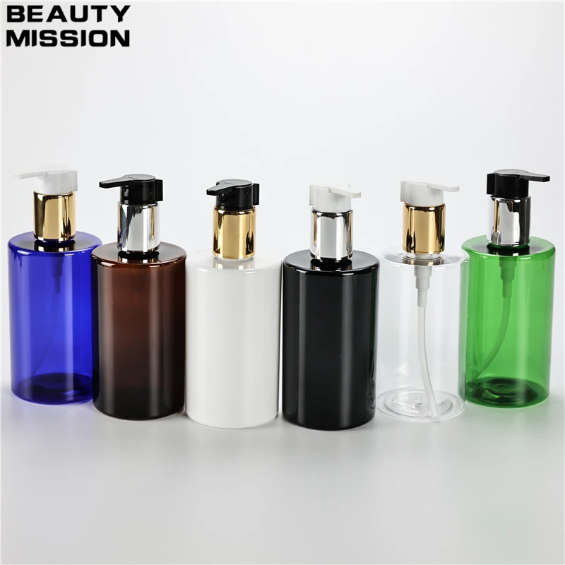 Chunky 300ML X 20 Plastic Flat Shoulder Bottles With Anodized Aluminum Lotion Pump Shower Gel Shampoo Empty Cosmetic Containers