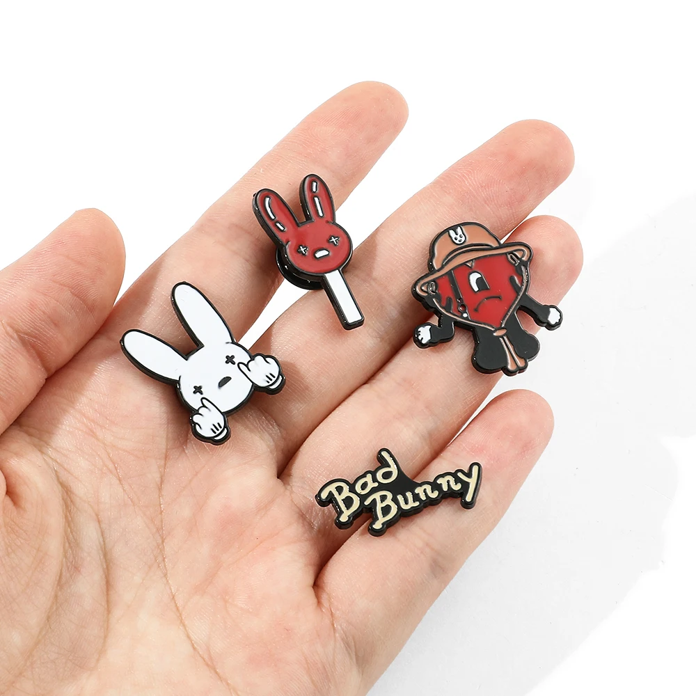 Cute Bad Bunny Brooch Cosplay Singer Bad Rabbit Red Heart Badge Enamel Brooch Clothing Backpack Pin Decoration Accessories Gifts