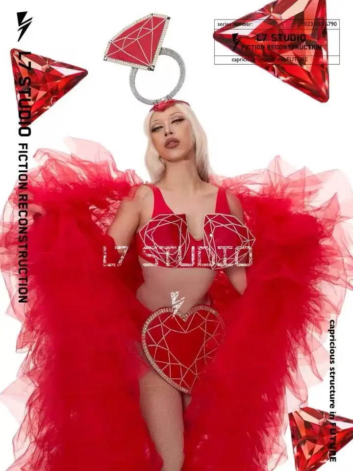 Cape Rouge Vintage diamant Moulin, robe de spectacle Gogo, vêtements de noël pour la saint-valentin, spectacle sur scène de chanteur, vêtements de fête de danse