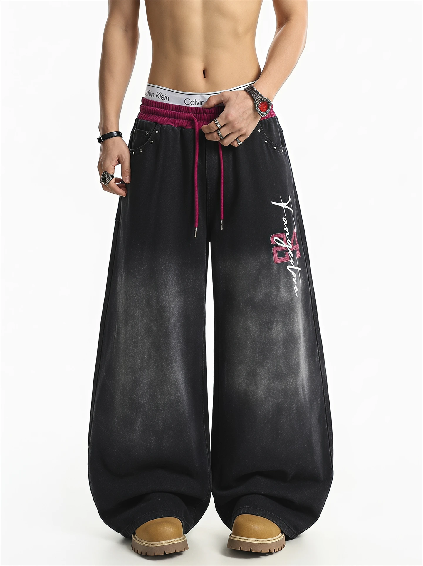 American Retro Tie Dye Wide Leg Casual Pants Men's Loose Fit Printed Jeans Autumn New Style Rivet Casual Trousers