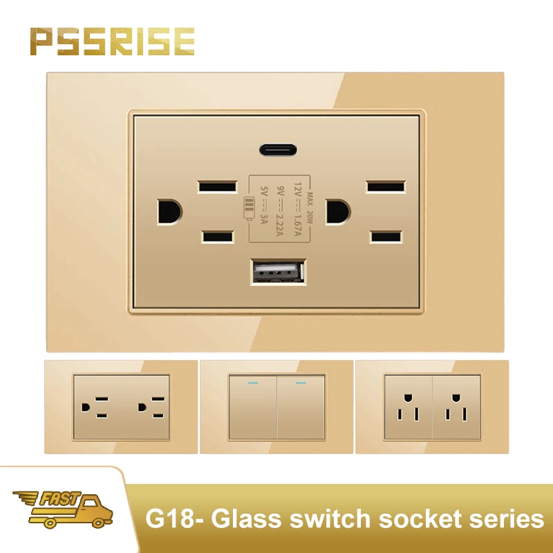 PSSRISE US Wall Switch Power Socket with 5V 2.1A USB Type-c Charger Tempered Glass Panel Light Switch Outlet 118*74mm