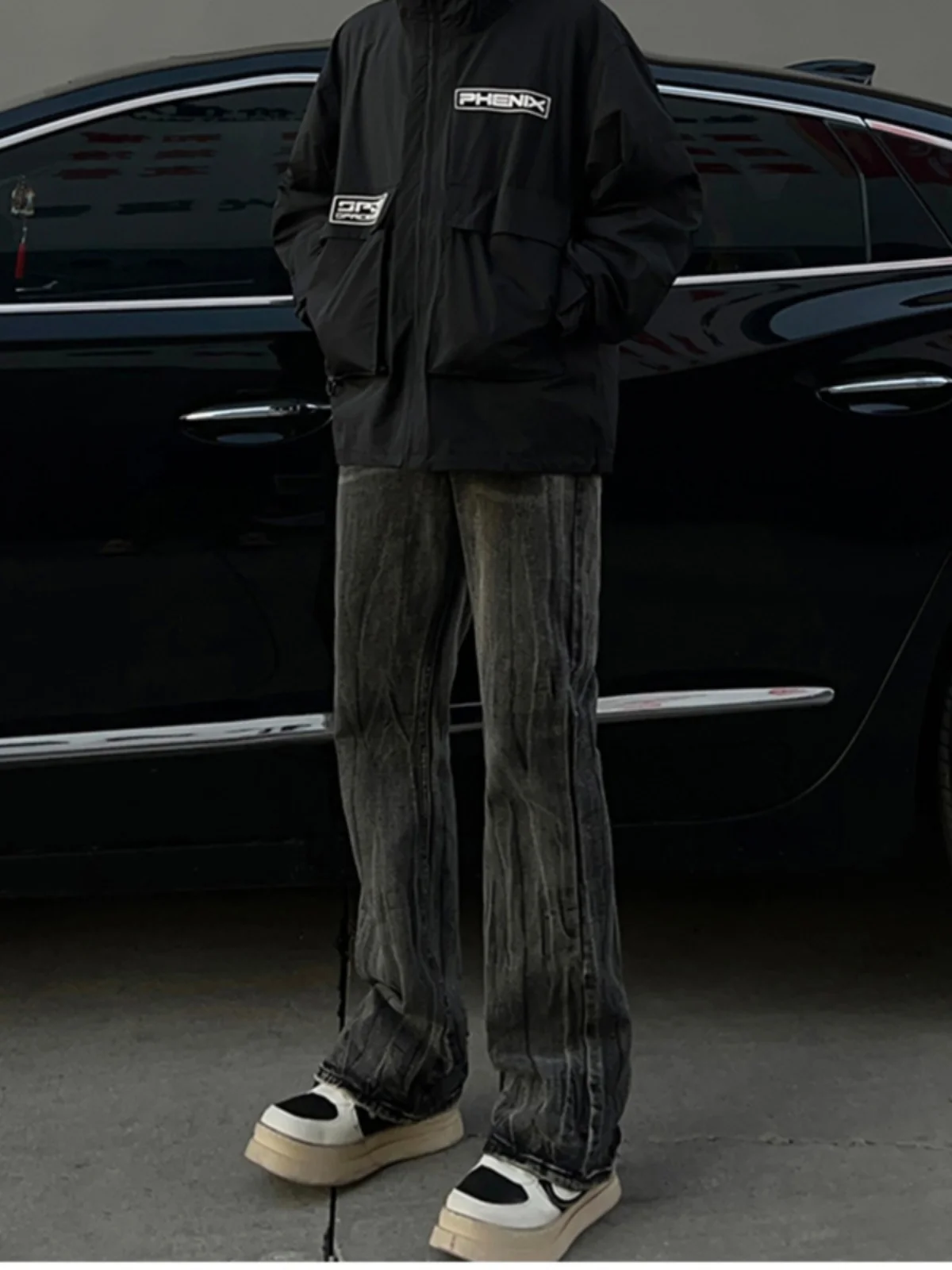 

Black Tie Dye Straight Leg Jeans Men's Autumn Winter High Street Hiphop High Waist Bell Bottoms Loose Fit Long Pants