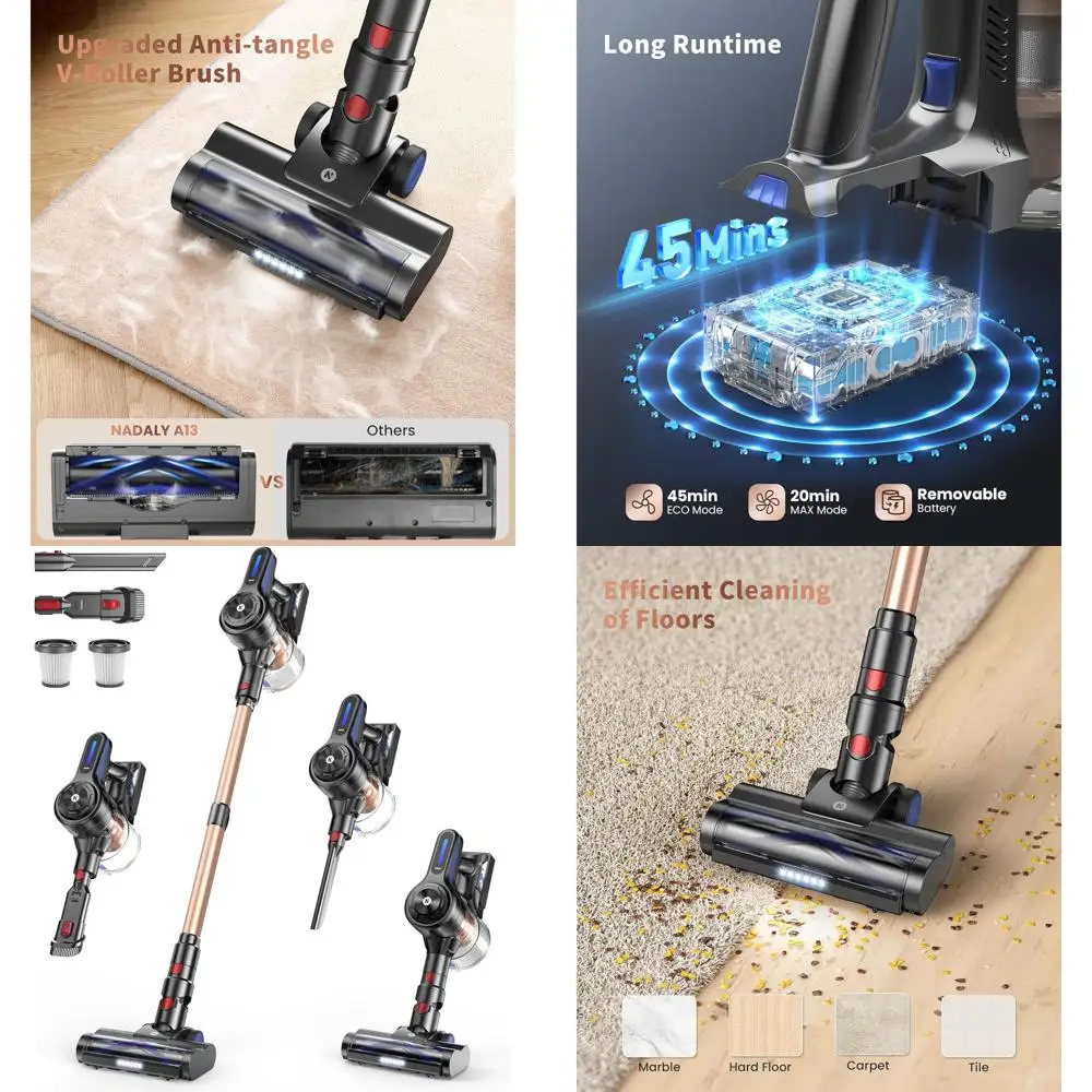 

Беспроводной вертикальный пылесос 40KPA 500W с 45-минутным временем работы, контейнером для пыли 1,5 л, подходит для твердых полов и ковров, для удаления шерсти животных