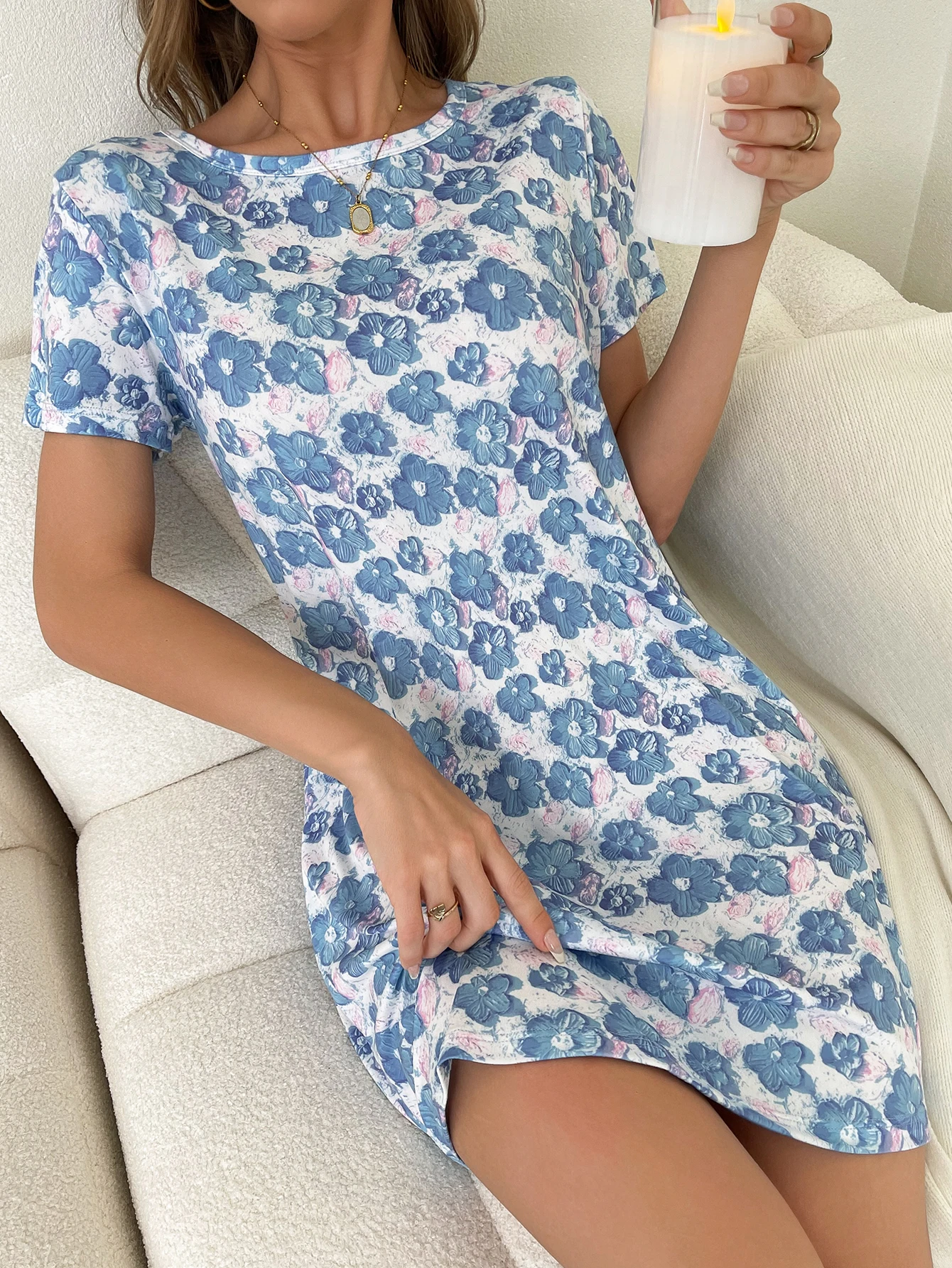 Allover Prints Floral Women Summer Sleepdress Round Neck Short Sleeve Mini Nightdress Fashion Comfortable Soft Nightgown